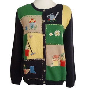 Vintage Alfred Dunner Cotton Blend Gardening Embroidered Cardigan Size P Medium